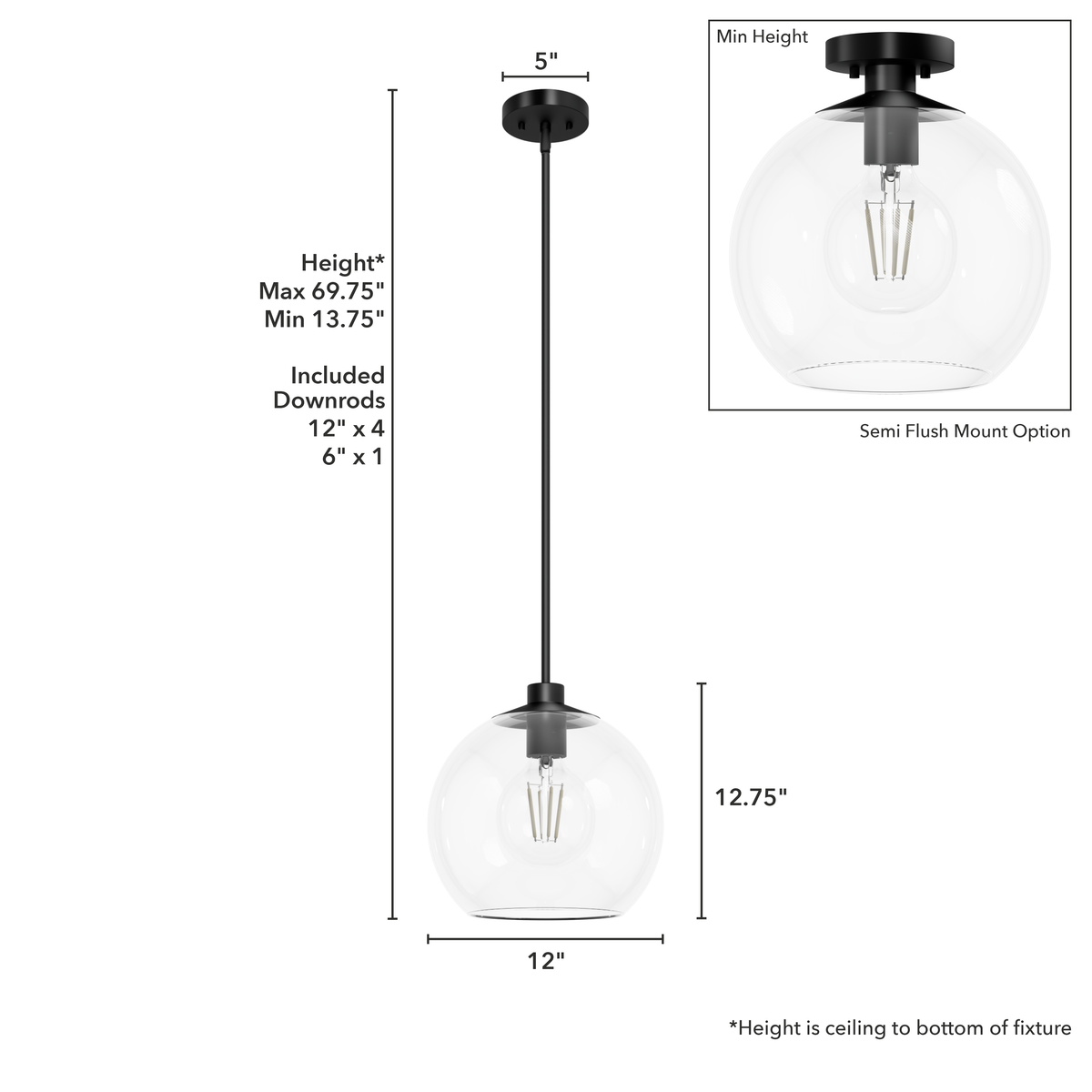 Xidane 12-inch 1-light Matte Black Globe Pendant with Clear Glass