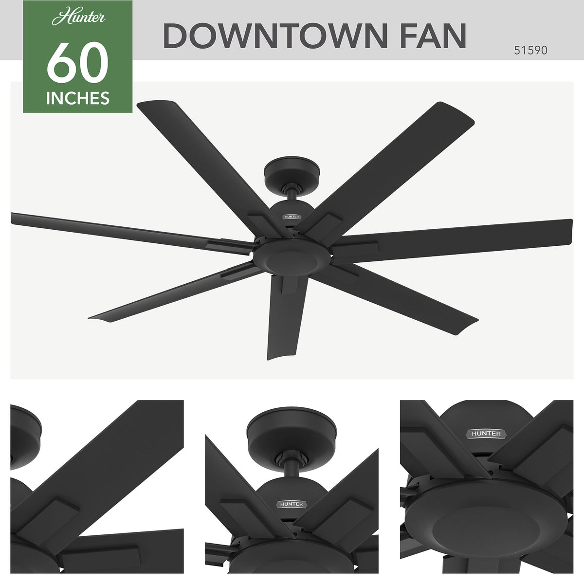 60 inch Downtown ENERGY STAR® Matte Black Damp Rated Ceiling Fan and Wall Control