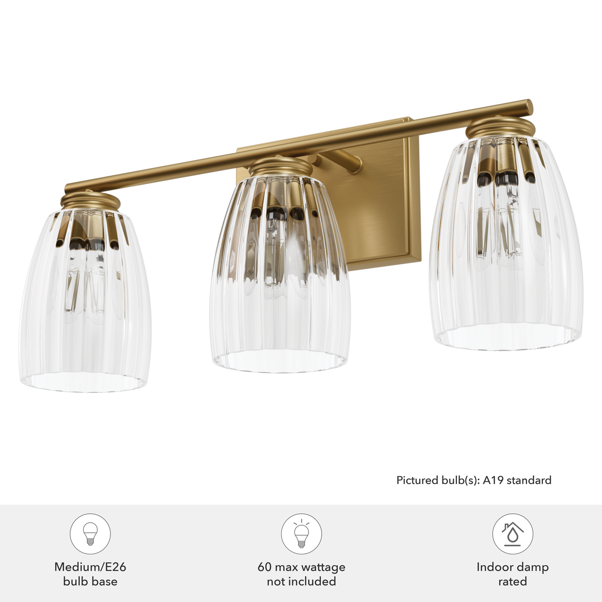 Rossmoor 20.5-inch 3-light Luxe Gold Vanity Light with Clear Fluted Glass