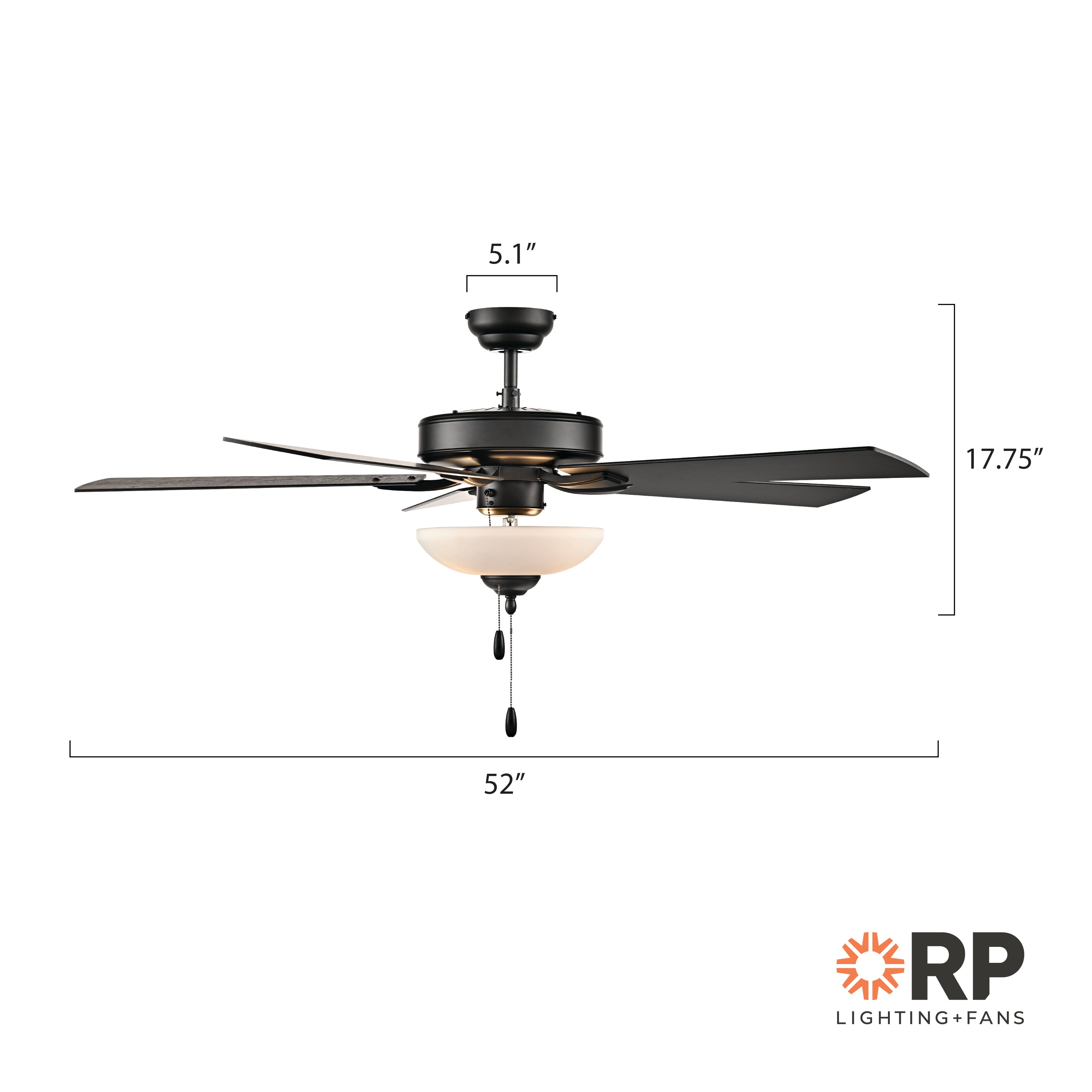 52 Inch Galeson AC Matte Black Indoor Ceiling Fan 5-Blade 2 Lights Reversible
