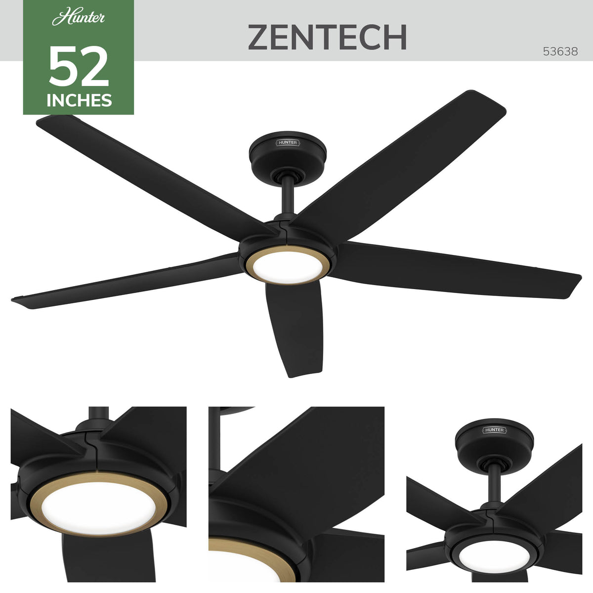 52 inch Zentech Wi-Fi ENERGY STAR® Matte Black Damp Rated Ceiling Fan with LED Light Kit and Handheld Remote