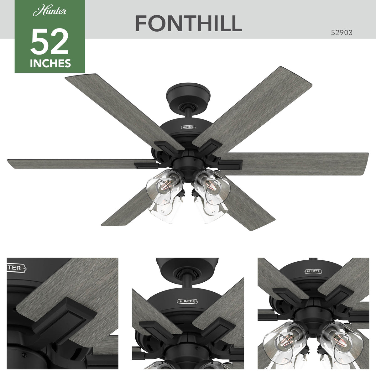 52 inch Fonthill ENERGY STAR® HunterExpress Matte Black Ceiling Fan with LED Light Kit and Handheld Remote
