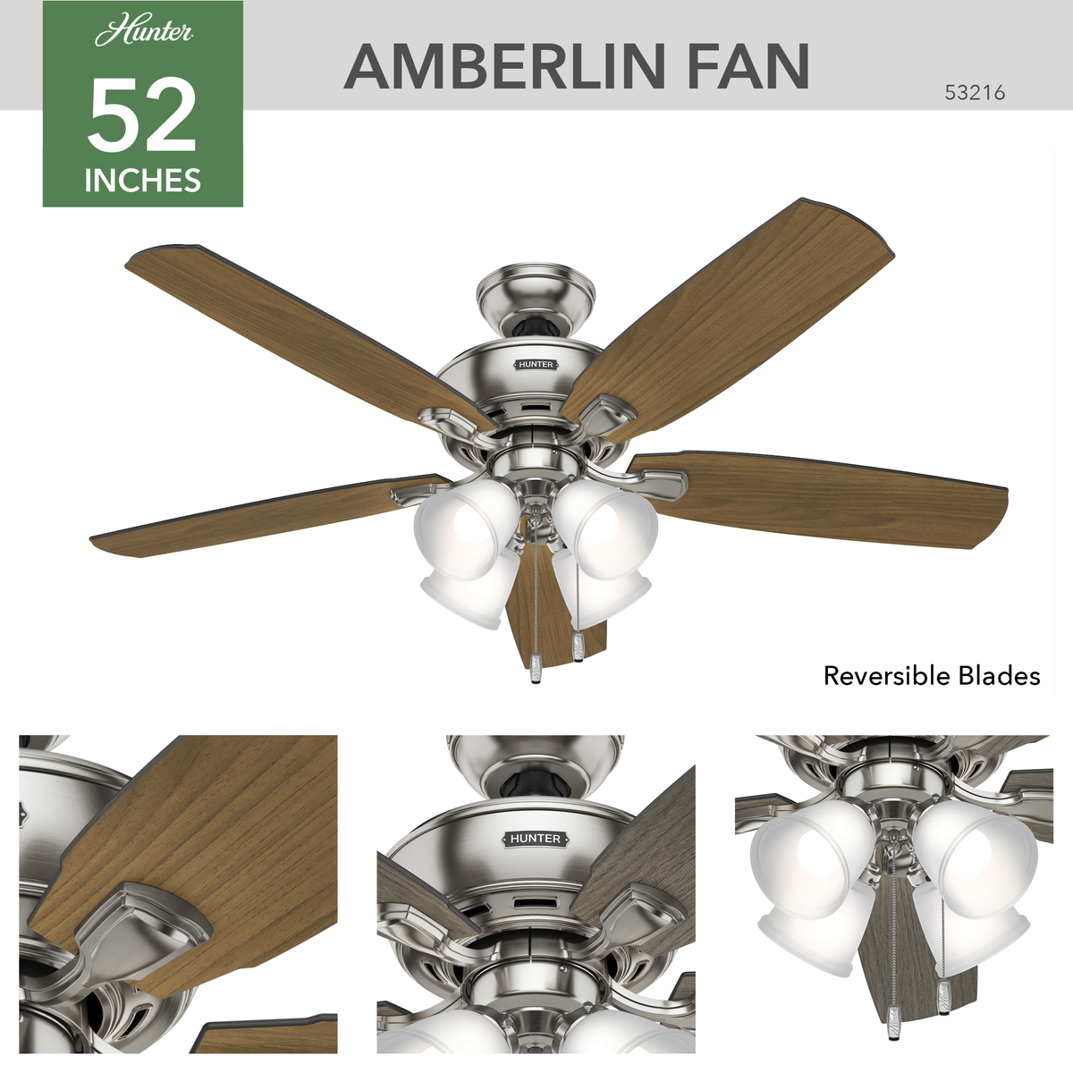 52 inch Amberlin Brushed Nickel Ceiling Fan with LED Light Kit and Pull Chain