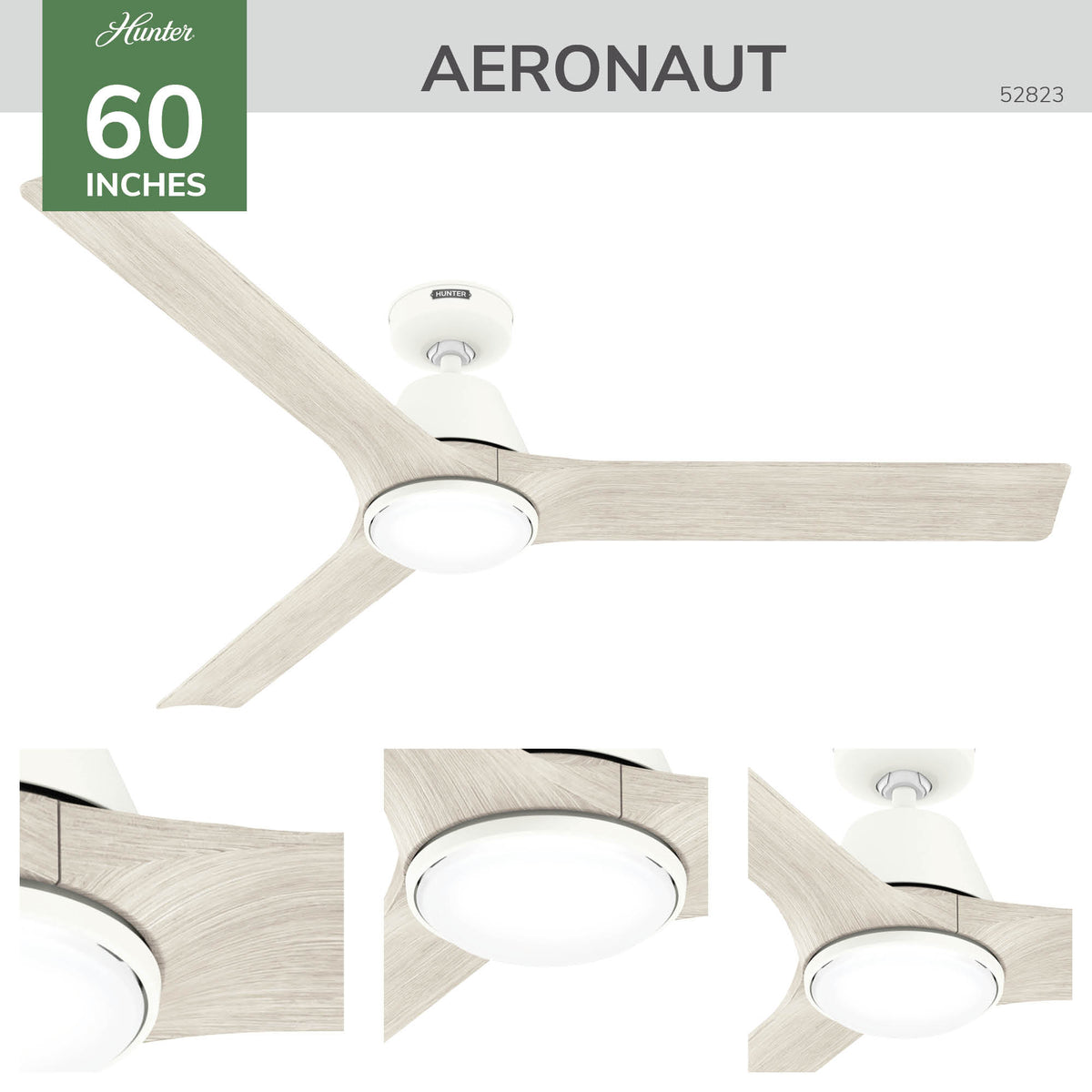 60 inch Aeronaut Wi-Fi ENERGY STAR® Matte White Damp Rated Ceiling Fan with LED Light Kit and Handheld Remote