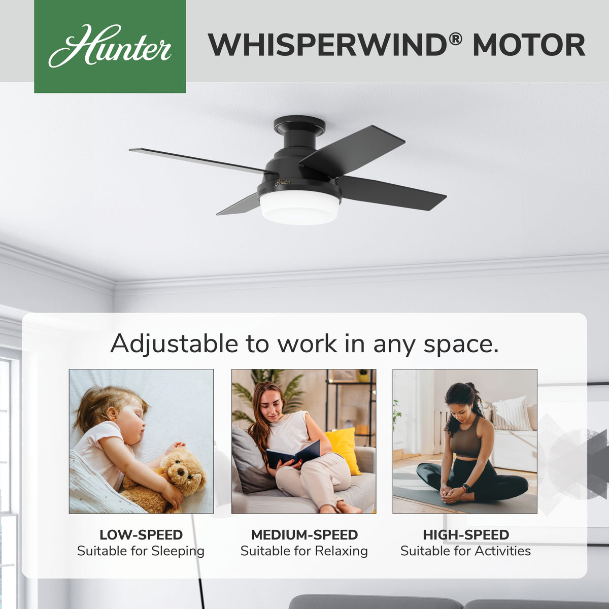 44 inch Dempsey Matte Black Low Profile Damp Rated Ceiling Fan with LED Light Kit and Handheld Remote