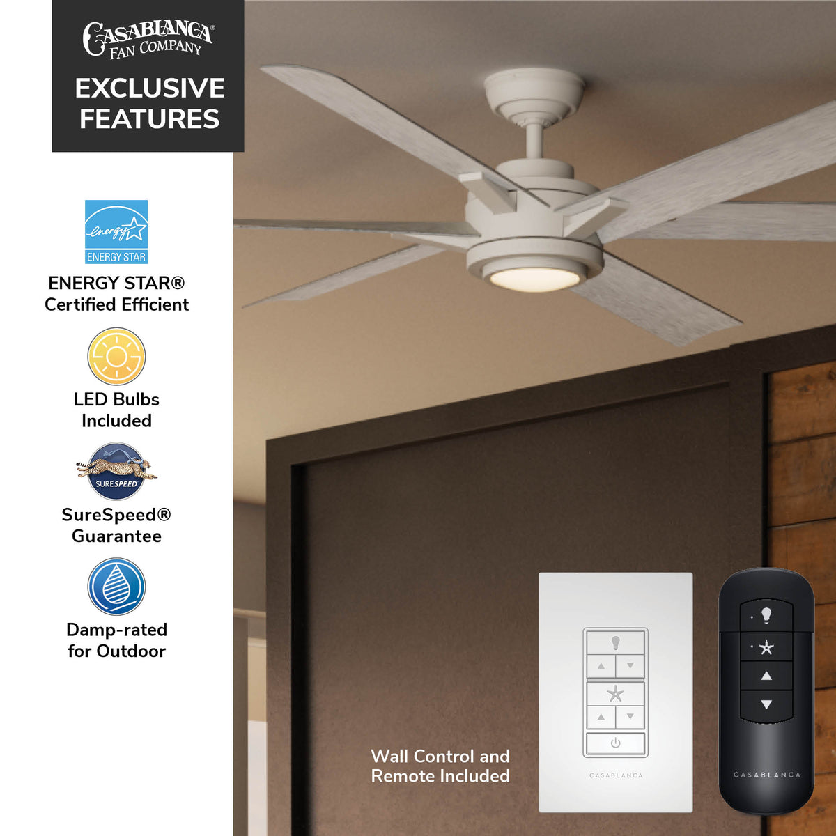 Casablanca 65 inch Melia ENERGY STAR® Fresh White Damp Rated Ceiling Fan with LED Light Kit and Wall Control and Handheld Remote