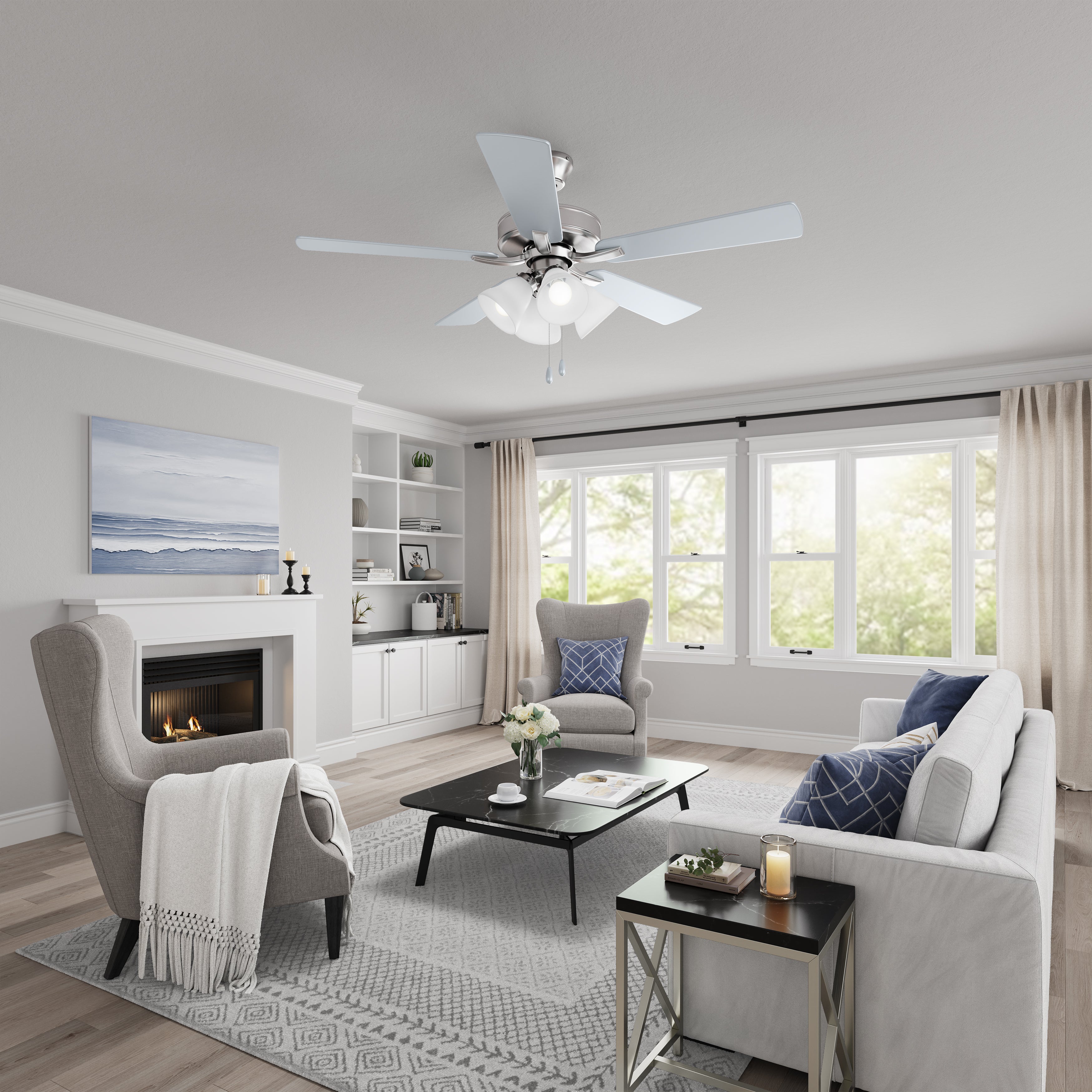 52 Inch Marisella AC Brushed Nickel Indoor Ceiling Fan 5-Blade 4 Lights Reversible