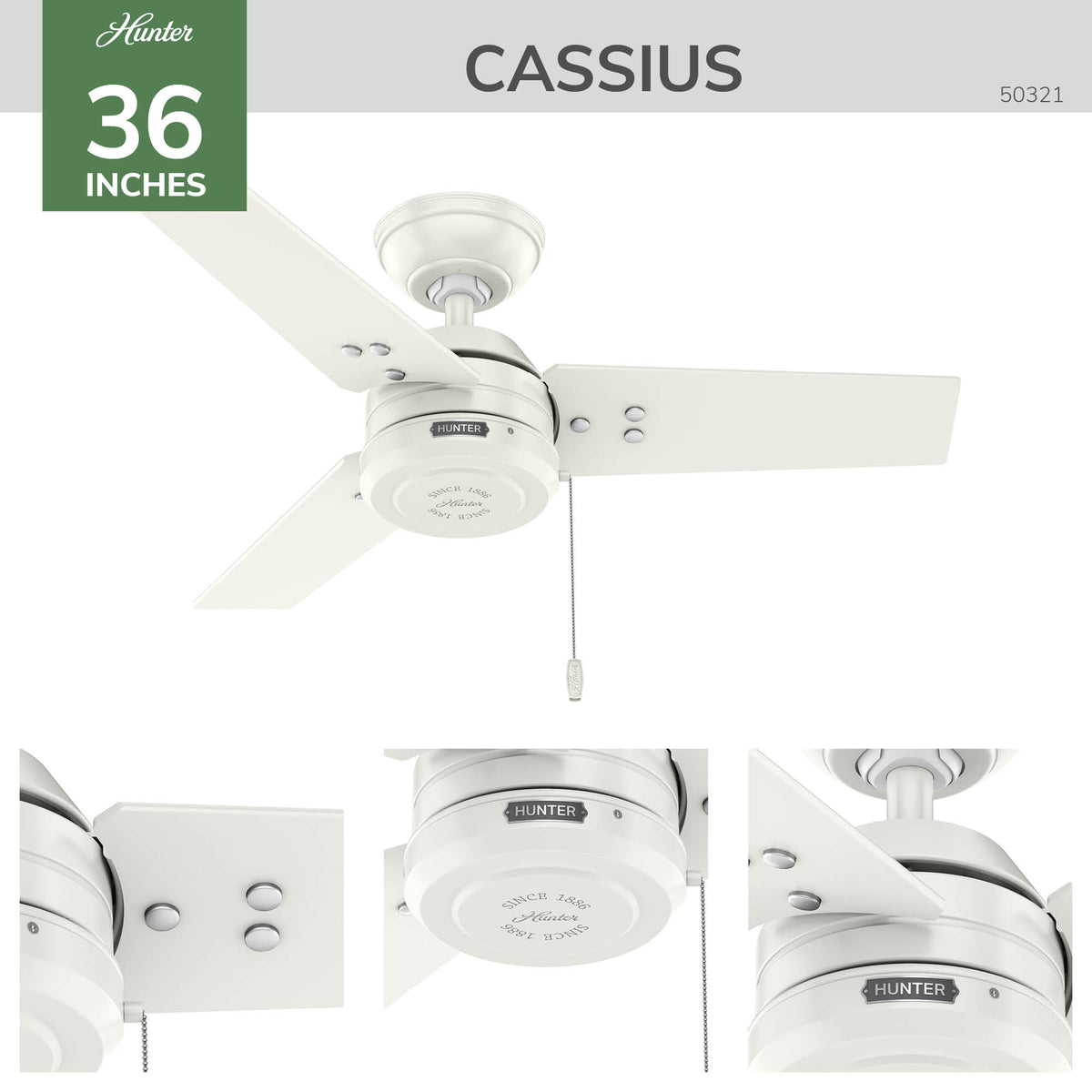 36 inch Cassius Fresh White Damp Rated Ceiling Fan and Pull Chain