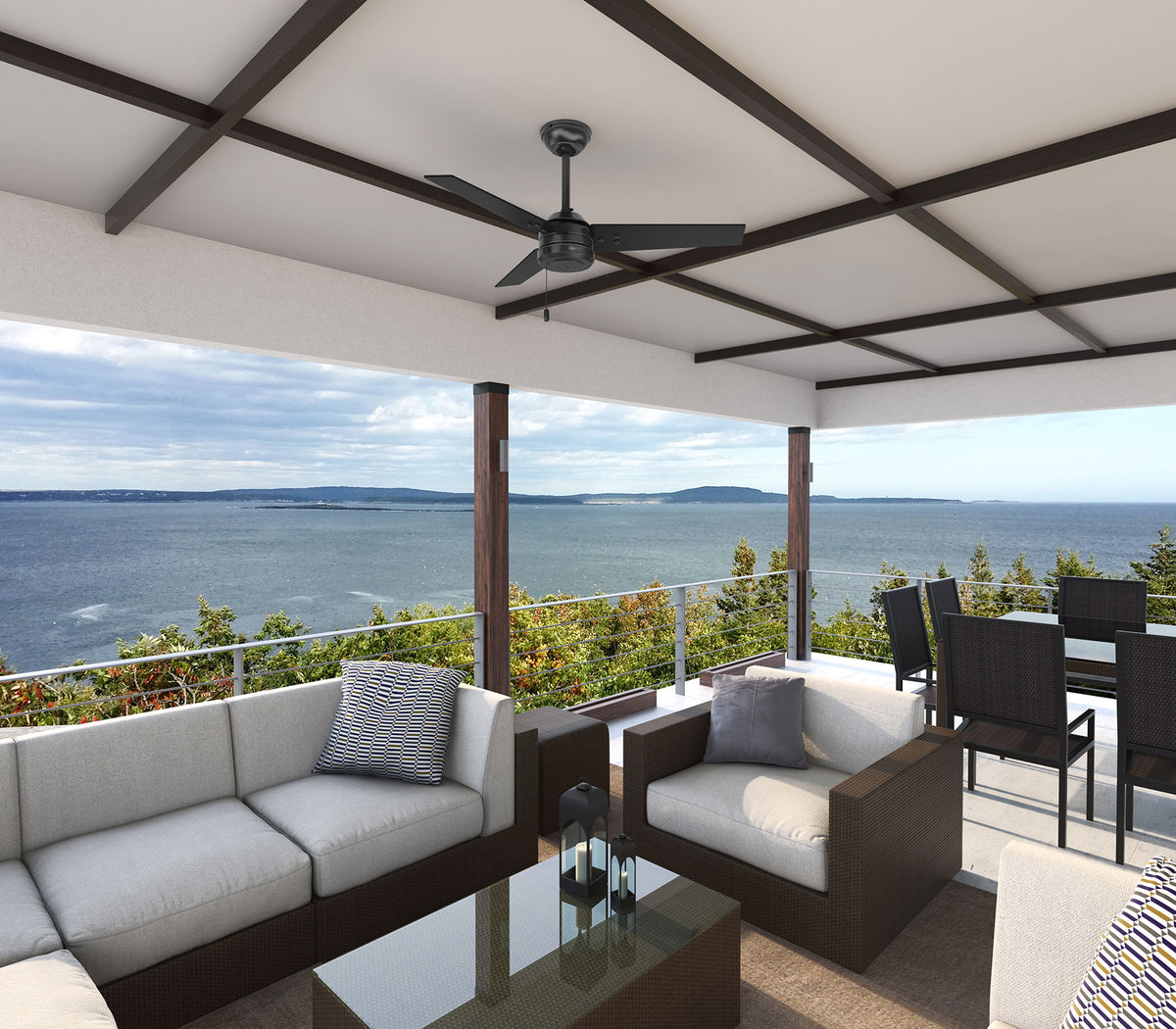44 inch Cassius Matte Black Damp Rated Ceiling Fan and Pull Chain