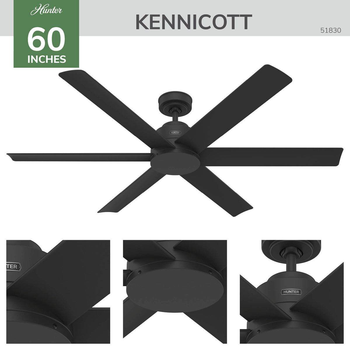 60 inch Kennicott ENERGY STAR® Matte Black Damp Rated Ceiling Fan and Handheld Remote