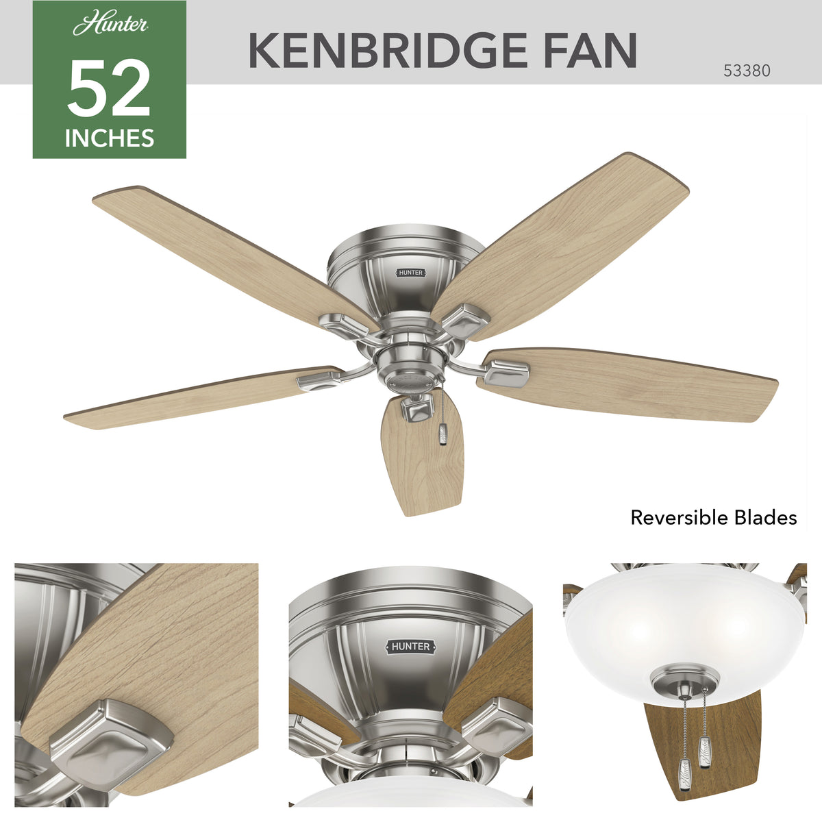 52 inch Kenbridge Brushed Nickel Low Profile Ceiling Fan with LED Light Kit and Pull Chain