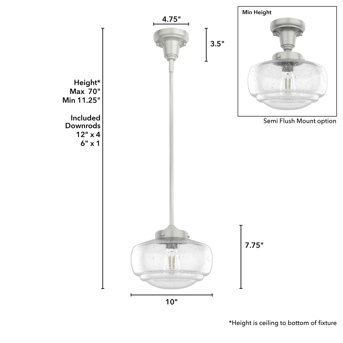 Saddle Creek 10-inch 1-light Brushed Nickel Schoolhouse Pendant with Seeded Glass