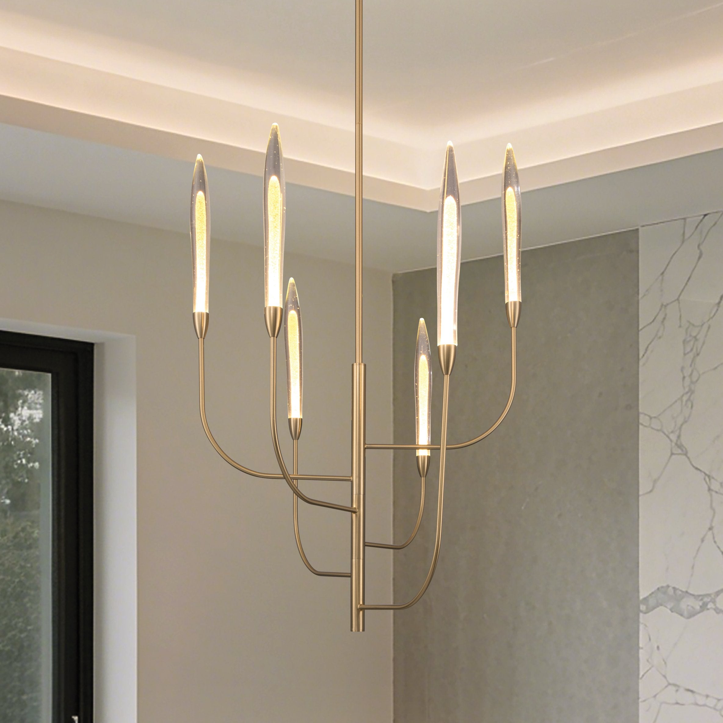 Calle 28-inch 6-light Brass LED Chandelier with Gold Leaf Hand Pressed Glass Shades