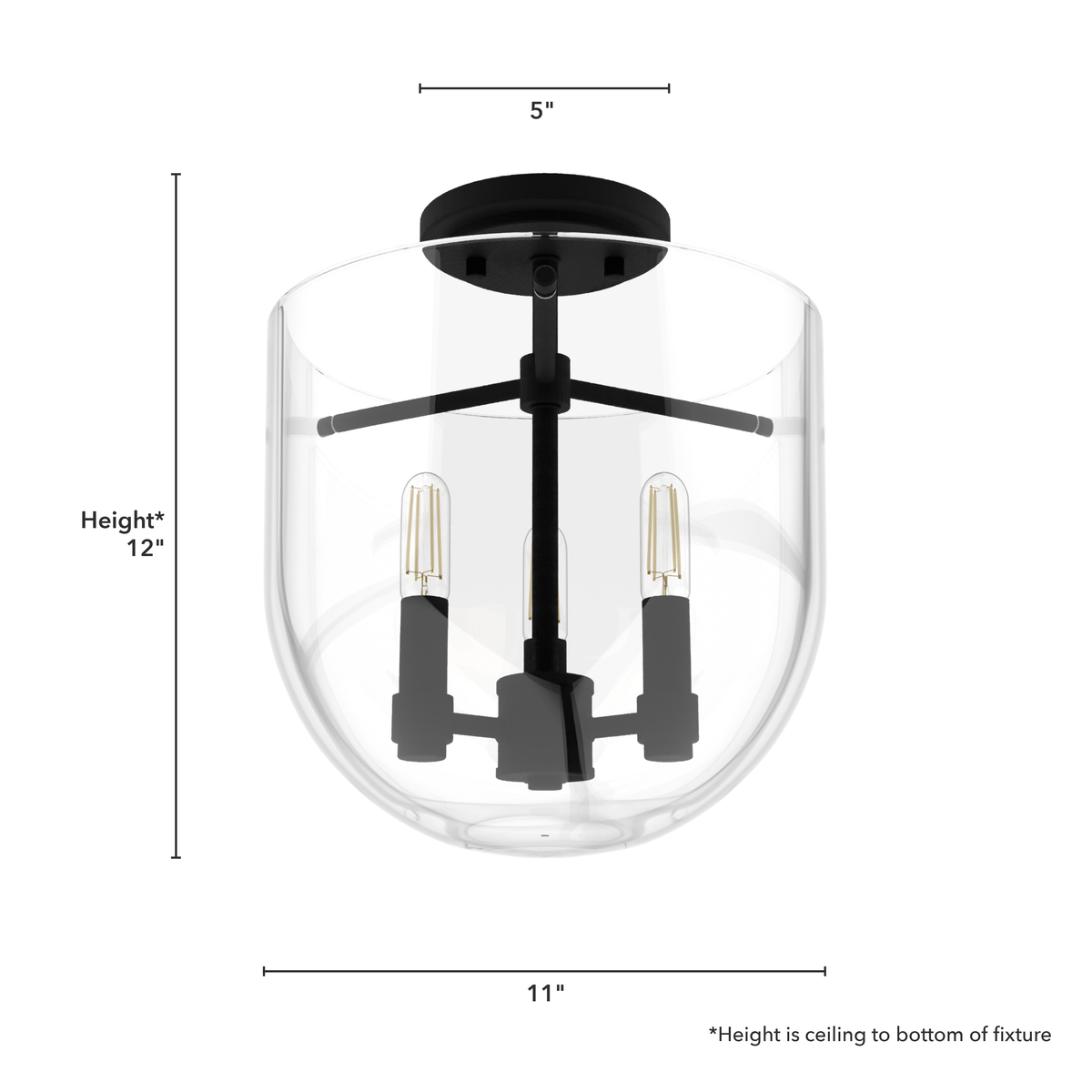 Sacha 11-inch 3-light Natural Black Iron Semi-Flush Mount with Clear Glass