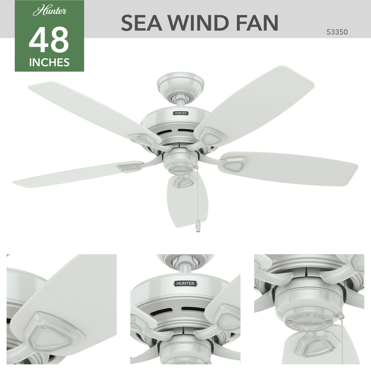 48 inch Sea Wind White Damp Rated Ceiling Fan and Pull Chain
