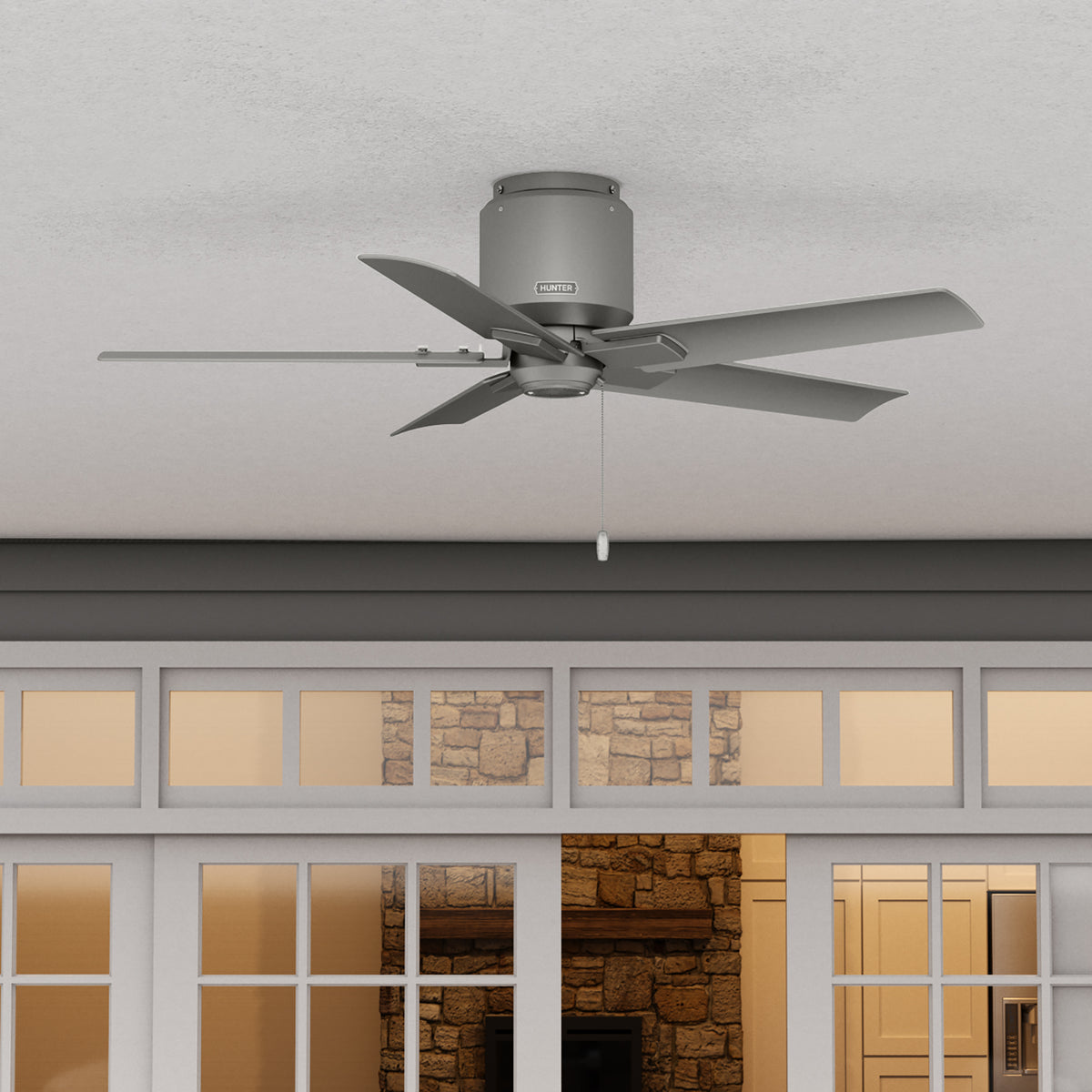 44 inch Terrace Cove Matte Silver Low Profile Damp Rated Ceiling Fan and Pull Chain