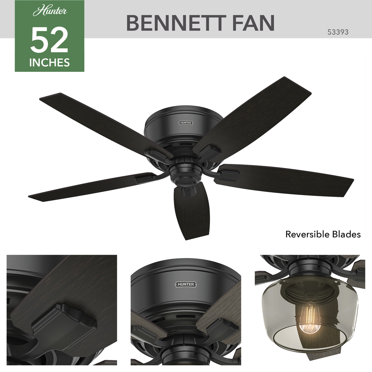 52 inch Bennett Matte Black Low Profile Ceiling Fan with LED Light Kit and Handheld Remote
