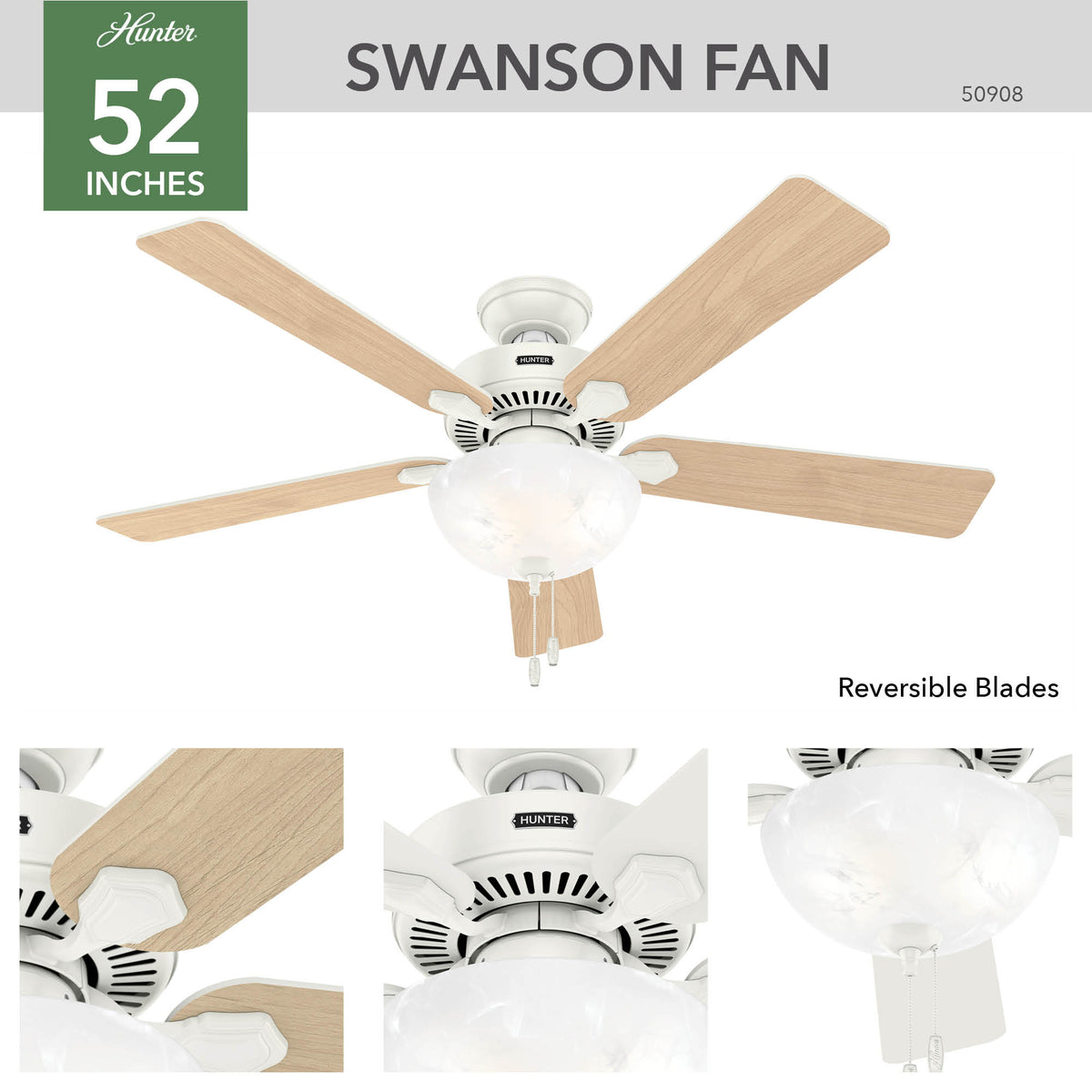 52 inch Swanson Fresh White Ceiling Fan with LED Light Kit and Pull Chain