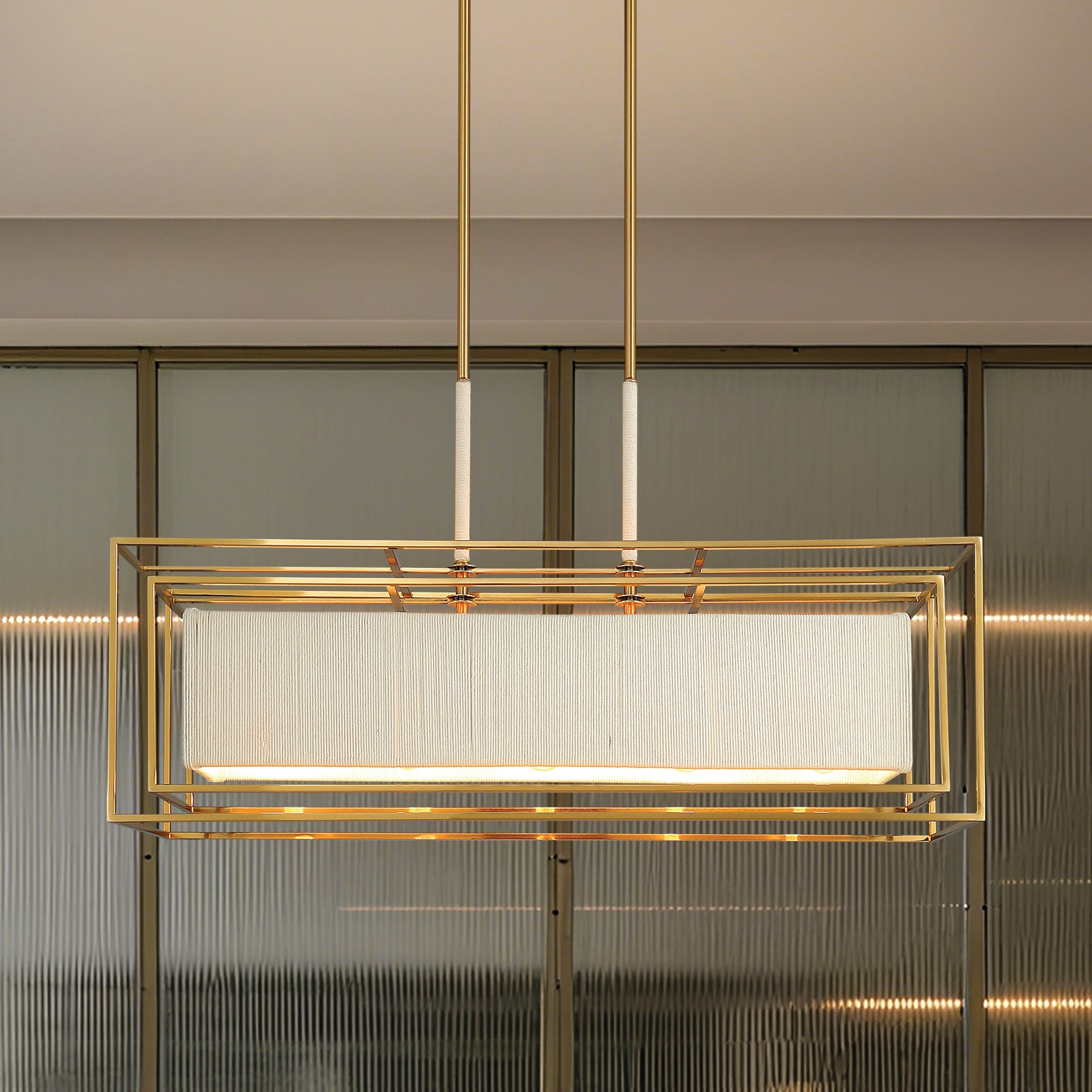 Abbey 42-inch 5-light Brass Linear Chandelier with Cream Cotton Rope Shade
