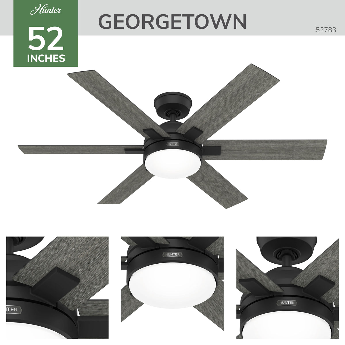 52 inch Georgetown ENERGY STAR® HunterExpress Matte Black Ceiling Fan with LED Light Kit and Handheld Remote