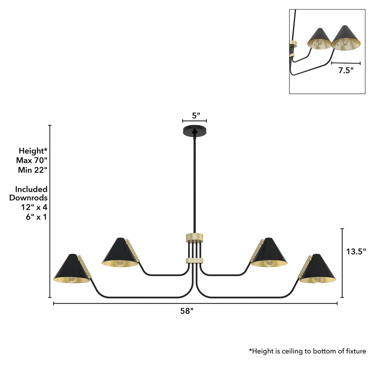 Grove Isle 58-inch 4-light Matte Black and Modern Brass Linear Chandelier with Metal Shade