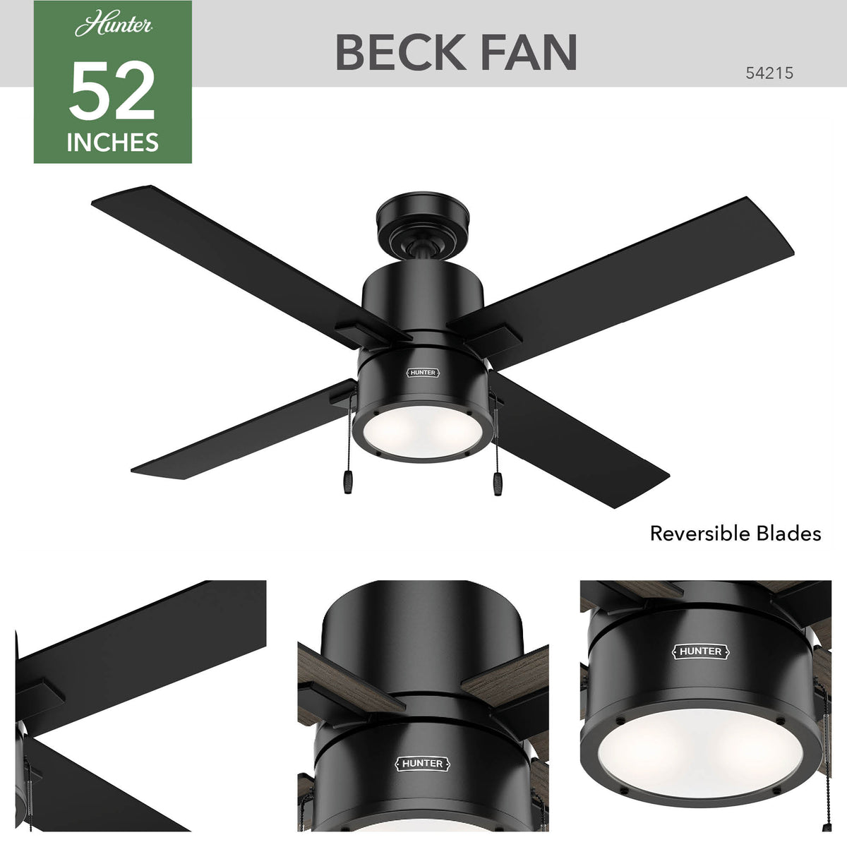 52 inch Beck Matte Black Ceiling Fan with LED Light Kit and Pull Chain