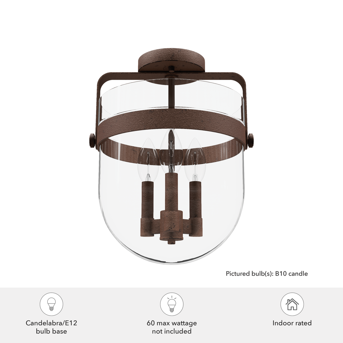 Karloff 11.75-inch 3-light Textured Rust Semi-Flush Mount with Clear Glass