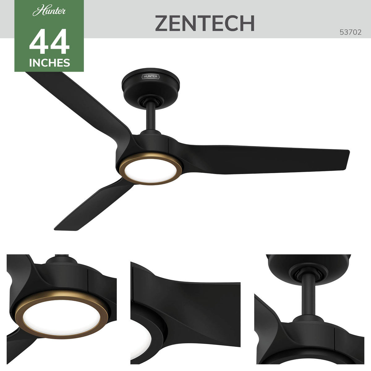 44 inch Zentech Wi-Fi ENERGY STAR® Matte Black Damp Rated Ceiling Fan with LED Light Kit and Handheld Remote