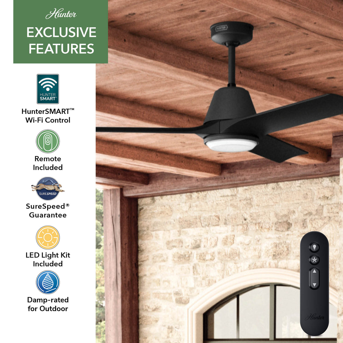 52 inch Aeronaut Wi-Fi ENERGY STAR® Matte Black Damp Rated Ceiling Fan with LED Light Kit and Handheld Remote