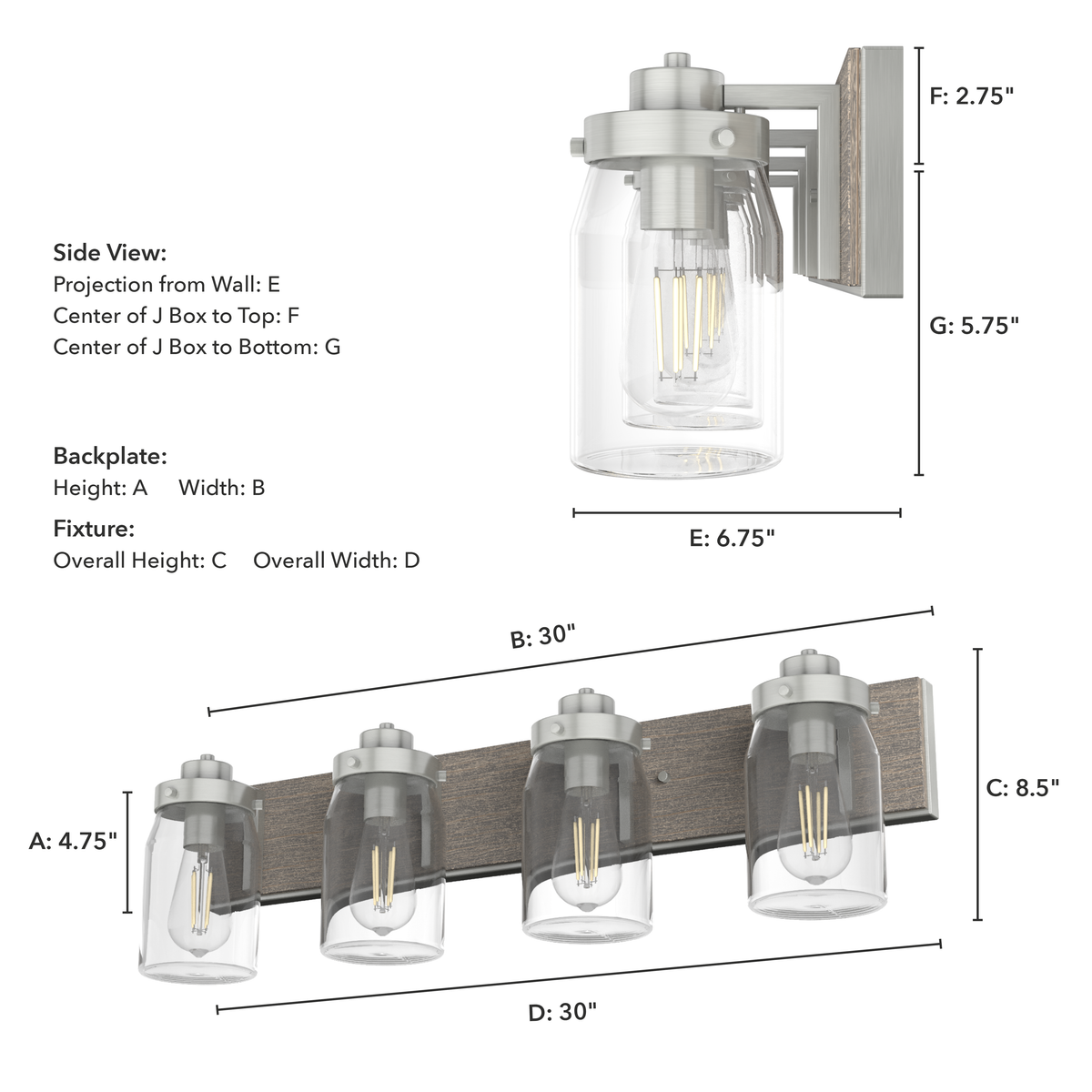 Devon Park 30-inch 4-light Brushed Nickel and Grey Wood Vanity Light with Clear Glass
