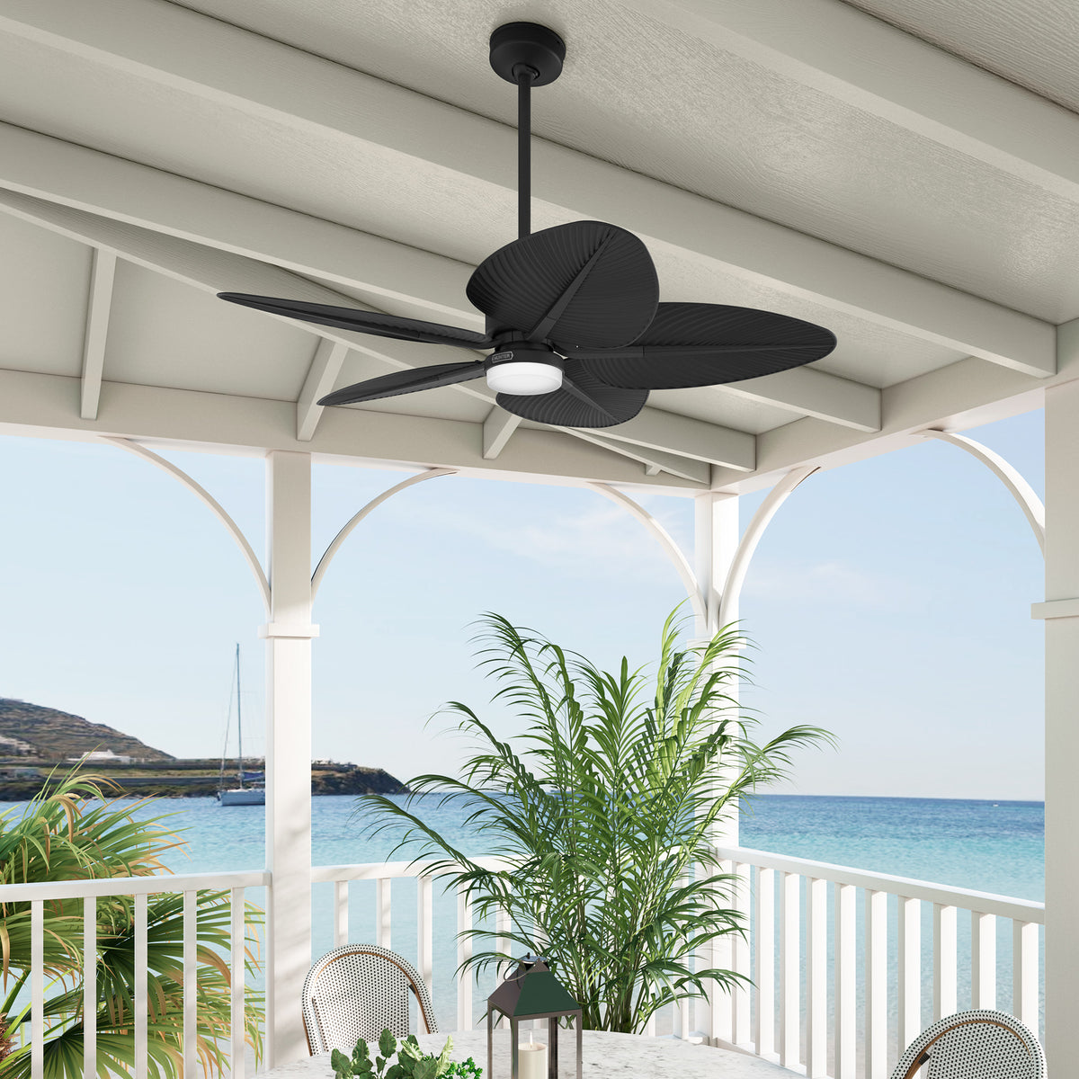 52 inch Tropic View Matte Black Damp Rated Ceiling Fan with LED Light Kit and Wall Control