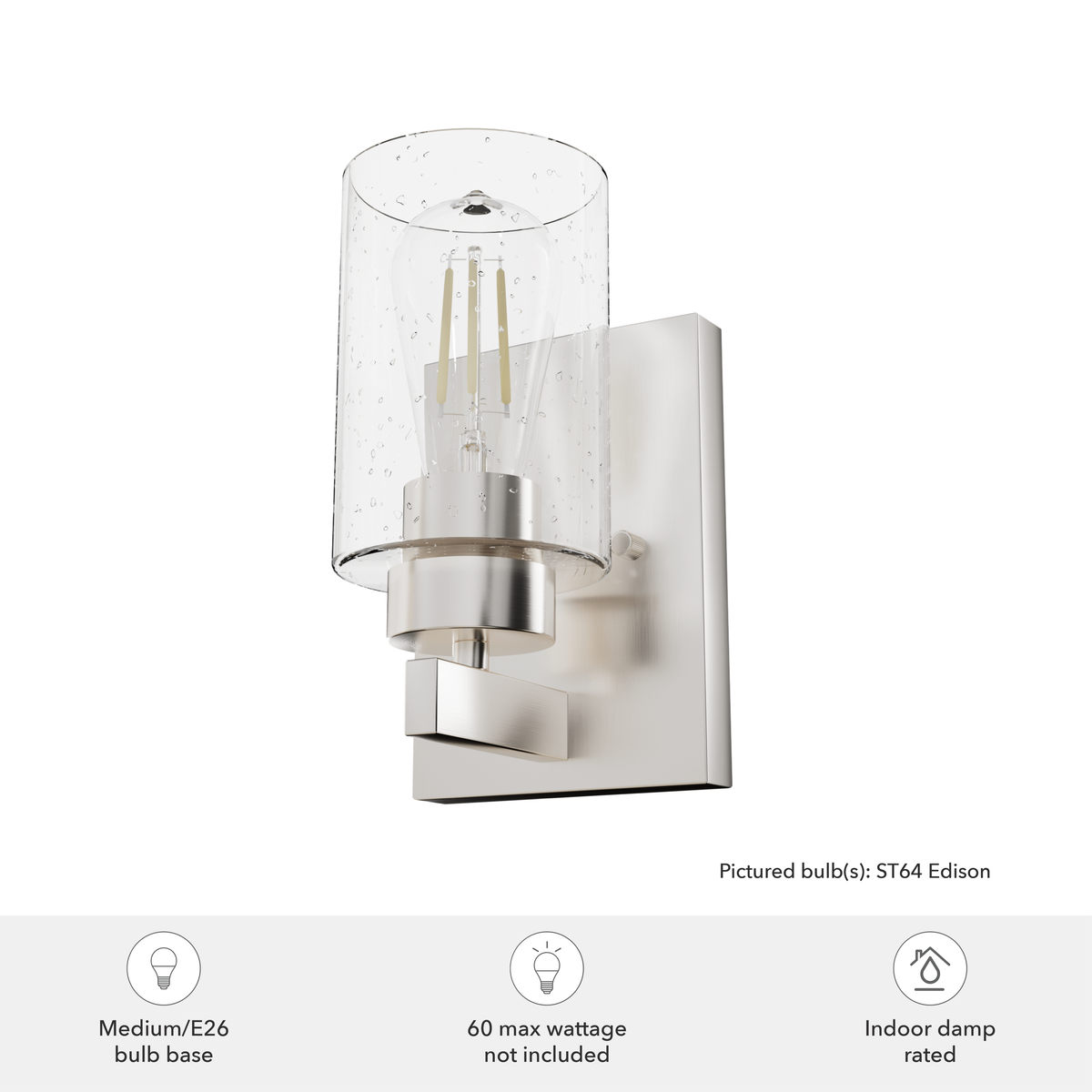 Hartland 9-inch 1-light Brushed Nickel Wall Sconce with Seeded Glass