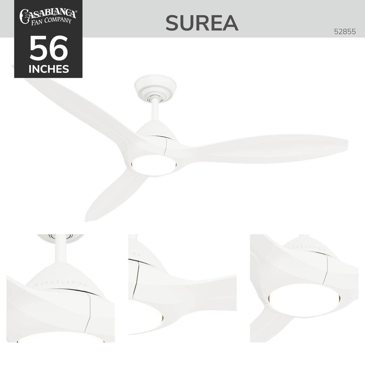 Casablanca 56 inch Surea ENERGY STAR® Fresh White Damp Rated Ceiling Fan with LED Light Kit and Wall Control and Handheld Remote