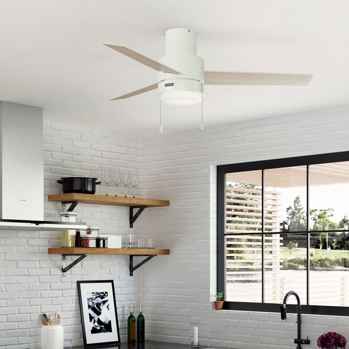 52 inch Brunner Matte White Low Profile Ceiling Fan with LED Light Kit and Pull Chain