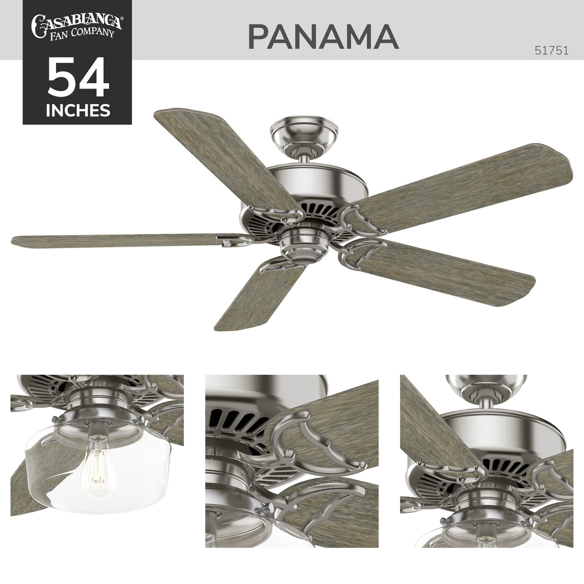 Casablanca 54 inch Panama ENERGY STAR® Brushed Nickel Ceiling Fan with Handheld Remote
