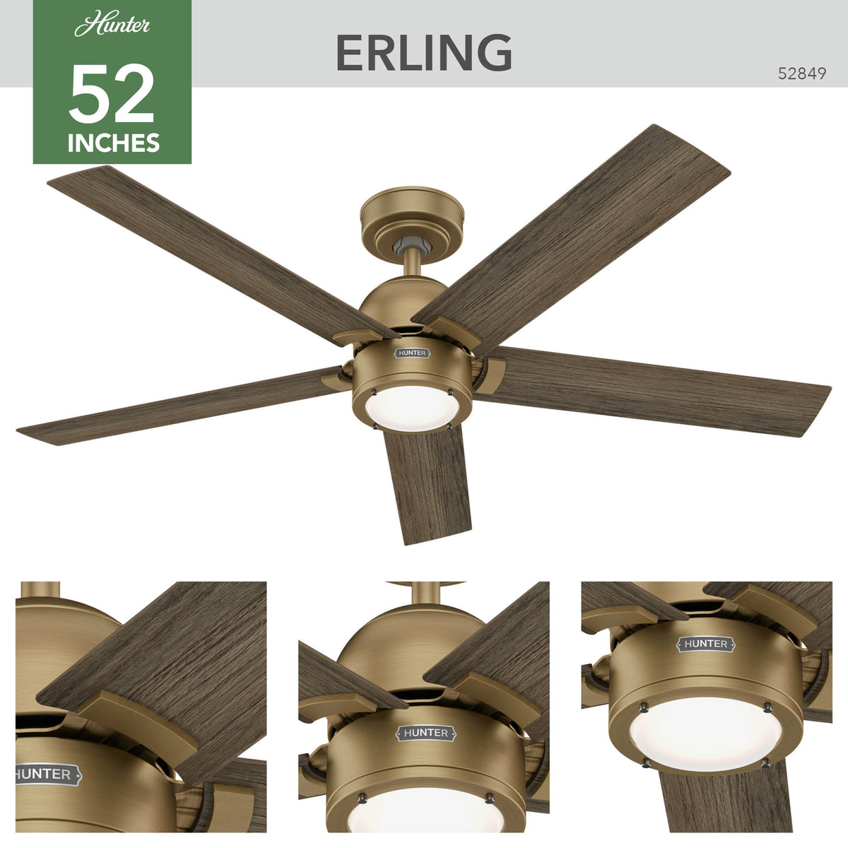 52 inch Erling ENERGY STAR® Luxe Gold Ceiling Fan with LED Light Kit and Handheld Remote