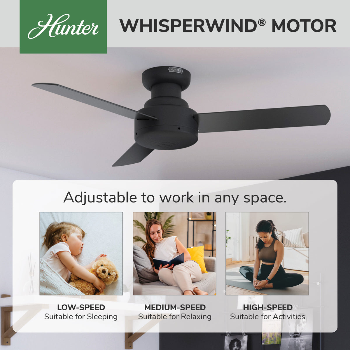 44 inch Presto Matte Black Low Profile Ceiling Fan and Wall Control
