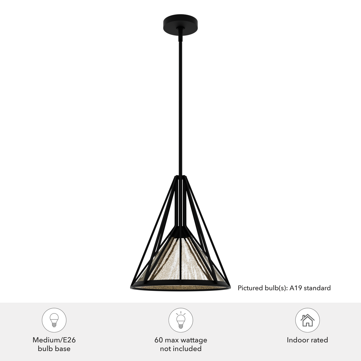 Rafner 13-inch 1-light Natural Black Iron Pendant with Mercury Glass