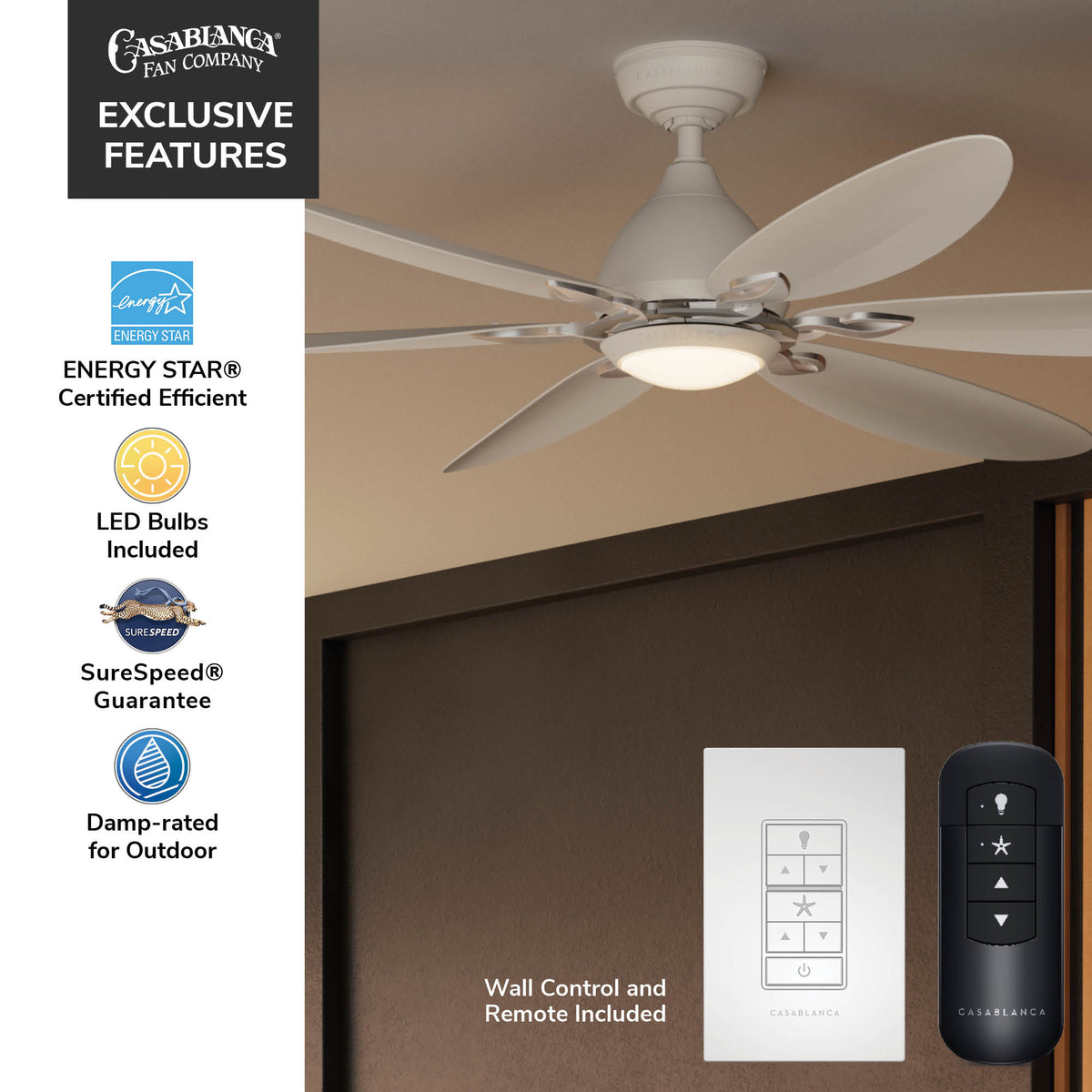 Casablanca 60 inch Azalea ENERGY STAR® Fresh White Damp Rated Ceiling Fan with LED Light Kit and Wall Control and Handheld Remote