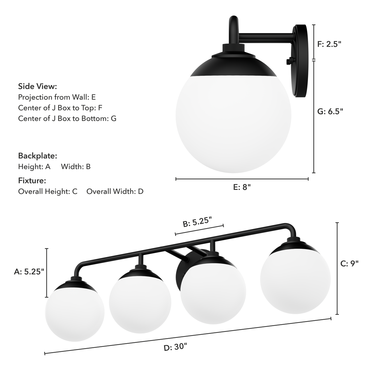 Hepburn 30-inch 4-light Matte Black Vanity Light with Cased White Glass