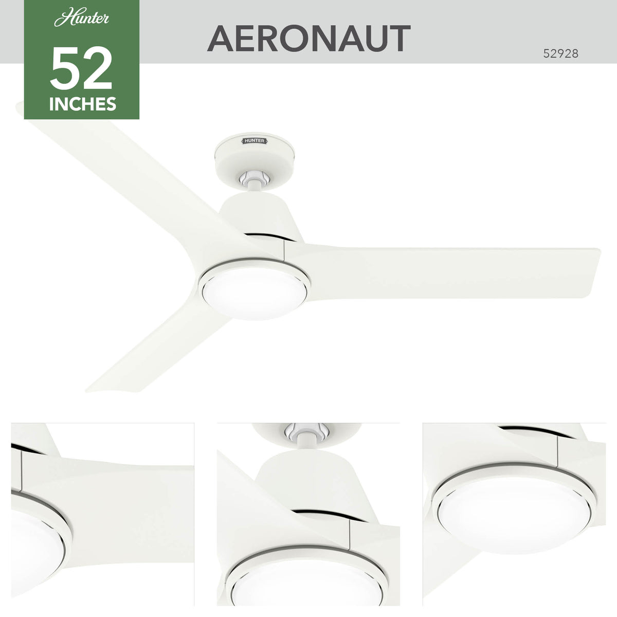 52 inch Aeronaut Wi-Fi ENERGY STAR® Matte White Damp Rated Ceiling Fan with LED Light Kit and Handheld Remote