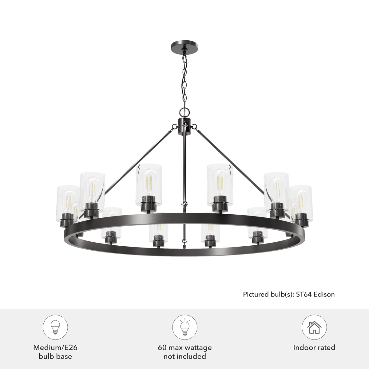 Hartland 44-inch 12-light Noble Bronze Chandelier with Seeded Glass