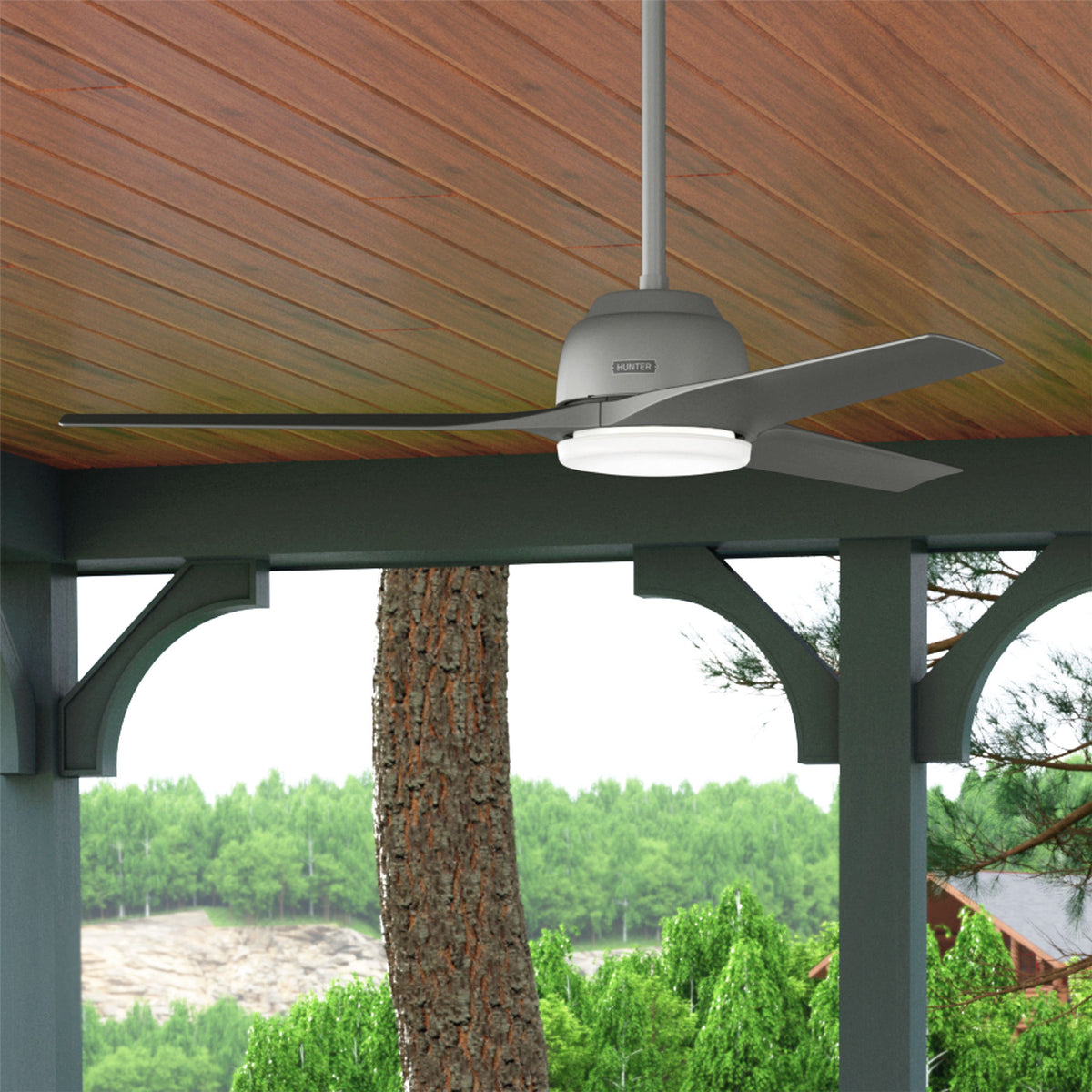 52 inch Gallegos Matte Silver Damp Rated Ceiling Fan with LED Light Kit and Wall Control
