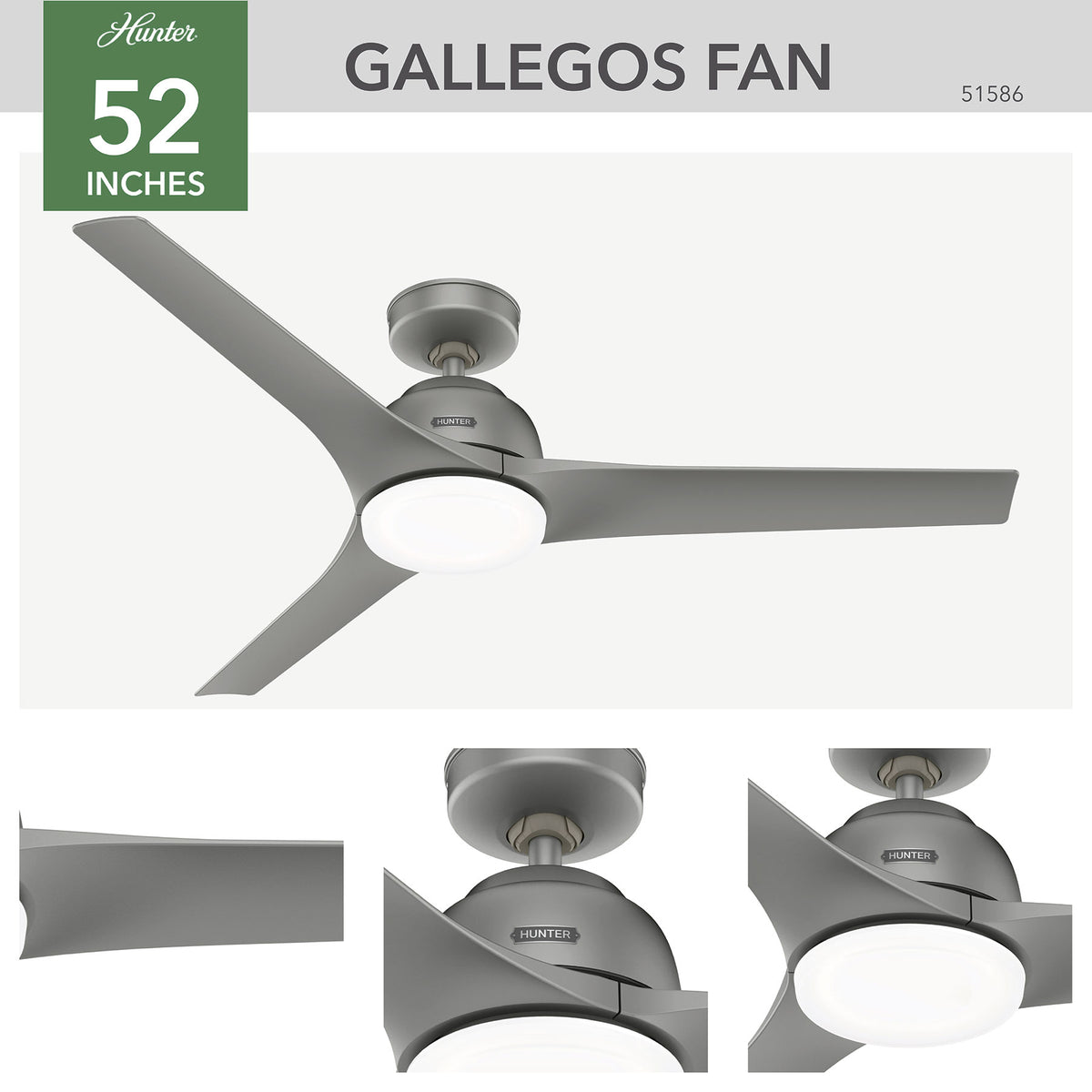 52 inch Gallegos Matte Silver Damp Rated Ceiling Fan with LED Light Kit and Wall Control