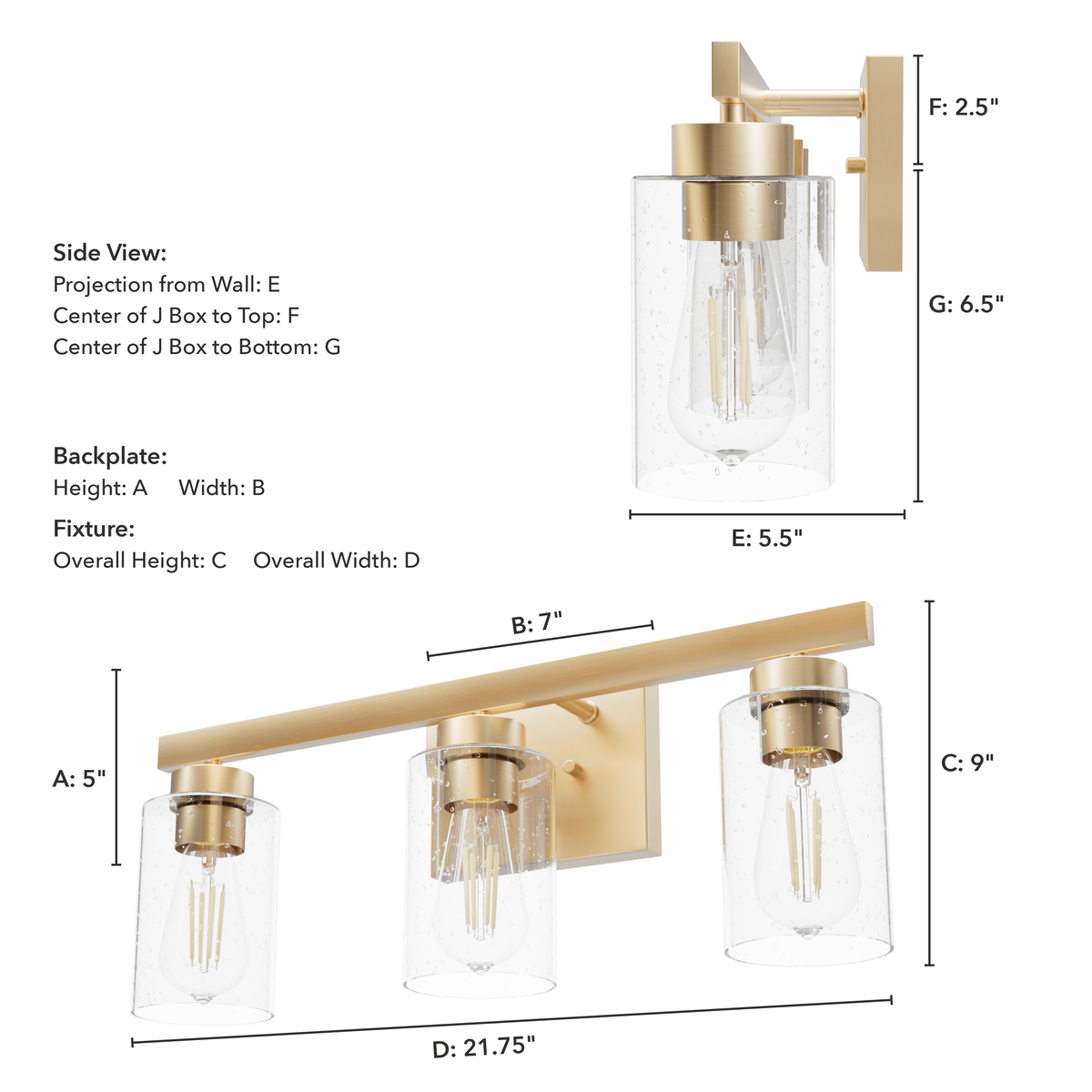 Hartland 22-inch 3-light Alturas Gold Vanity Light with Seeded Glass