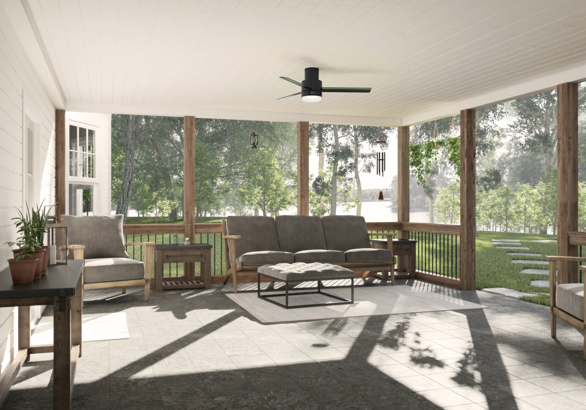 52 inch Gilmour Matte Black Low Profile Damp Rated Ceiling Fan with LED Light Kit and Handheld Remote