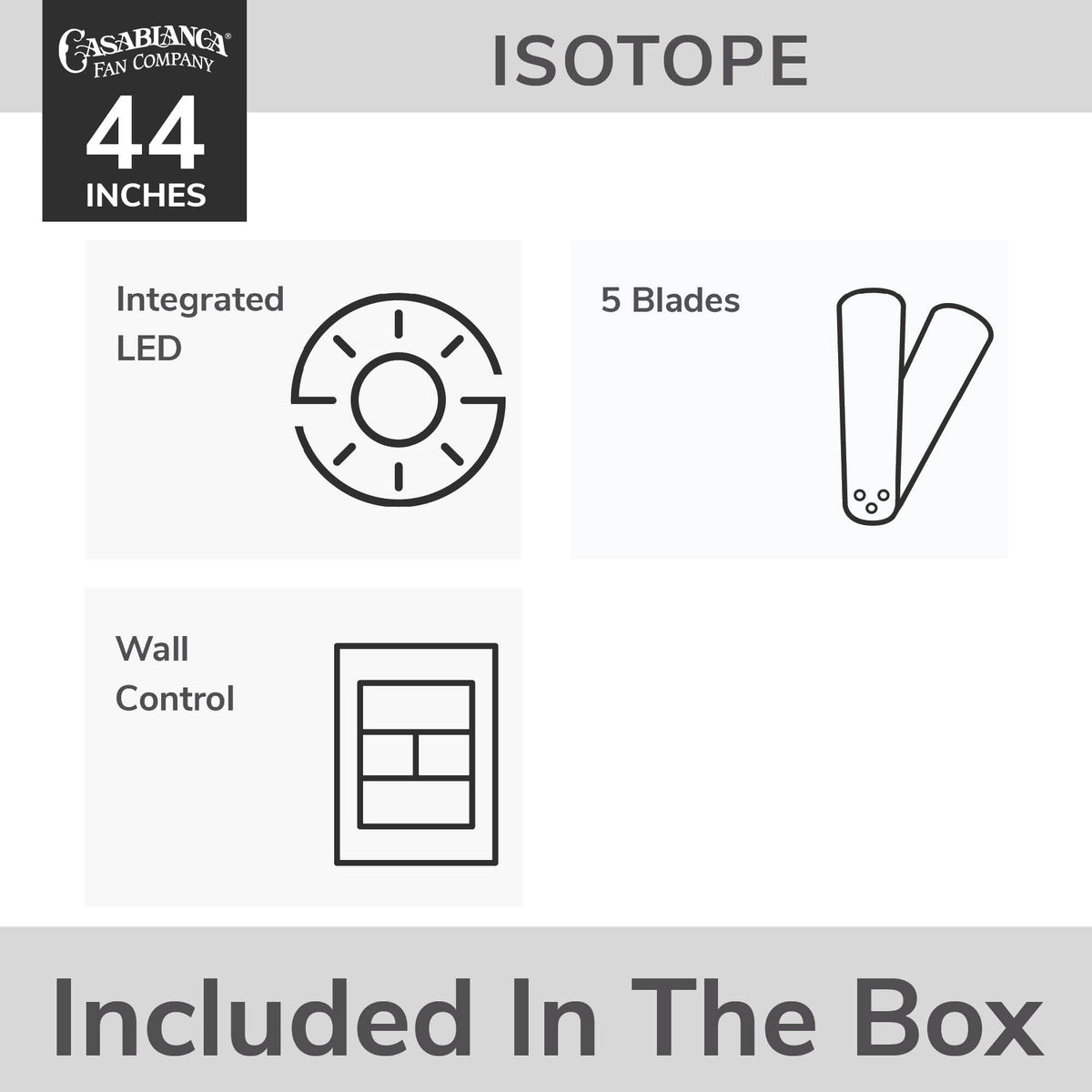 Casablanca 44 inch Isotope Matte Nickel Low Profile Ceiling Fan with LED Light Kit and Wall Control