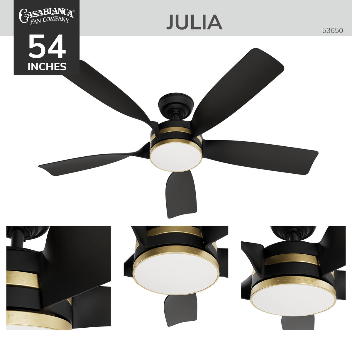 Casablanca 52 inch Julia ENERGY STAR® Matte Black Damp Rated Ceiling Fan with LED Light Kit and Wall Control and Handheld Remote