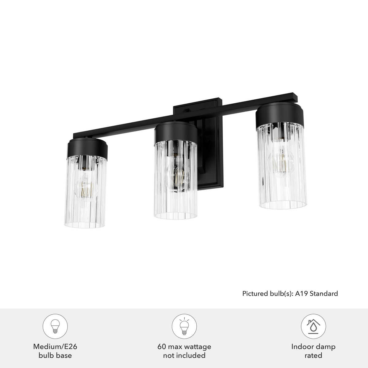 Gatz 22.25-inch 3-light Matte Black Vanity Light with Clear Fluted Glass