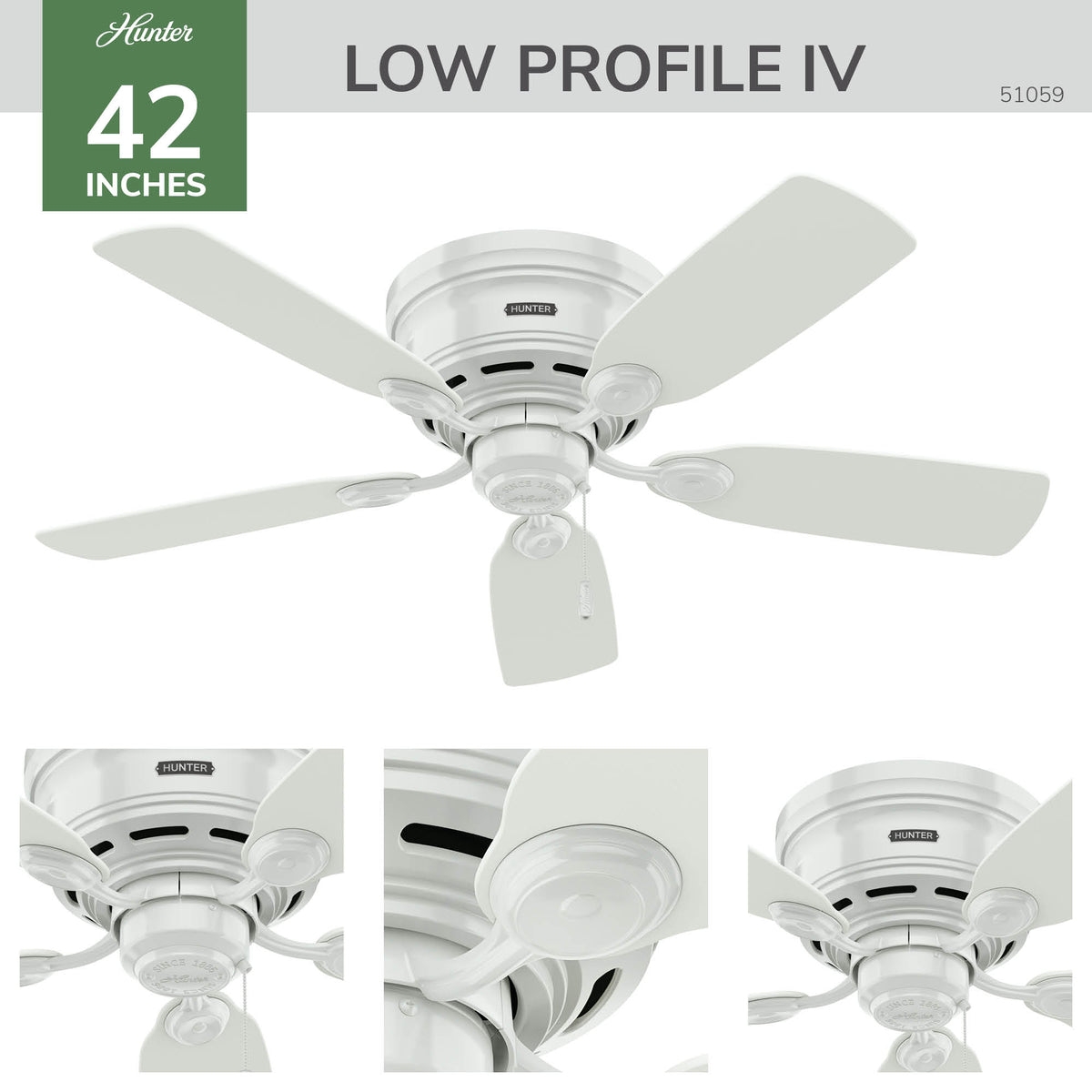 42 inch Low Profile White Low Profile Ceiling Fan and Pull Chain